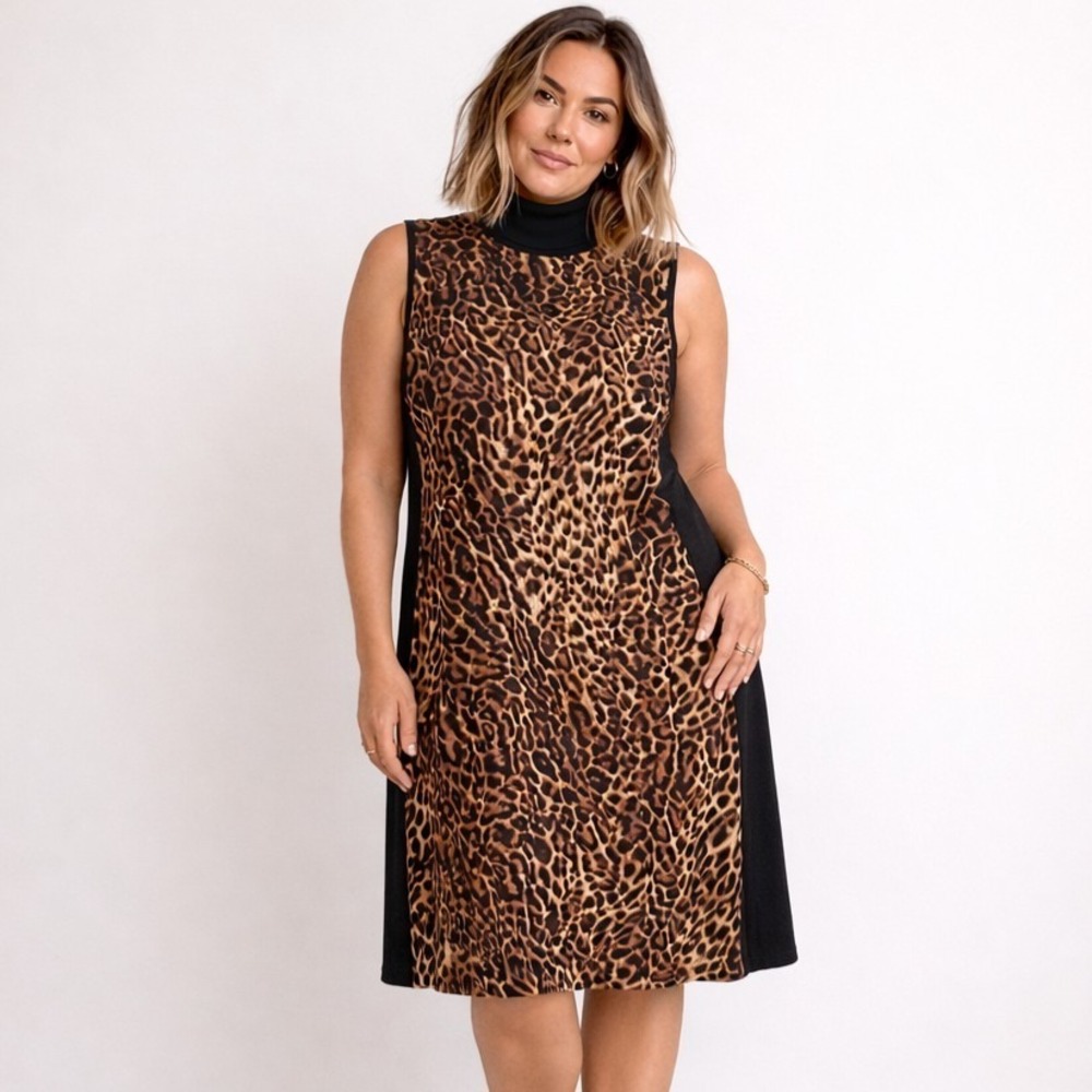 LAUREN RALPH LAUREN Size XL Silk-Blend Knit Back Animal Print Turtleneck Dress